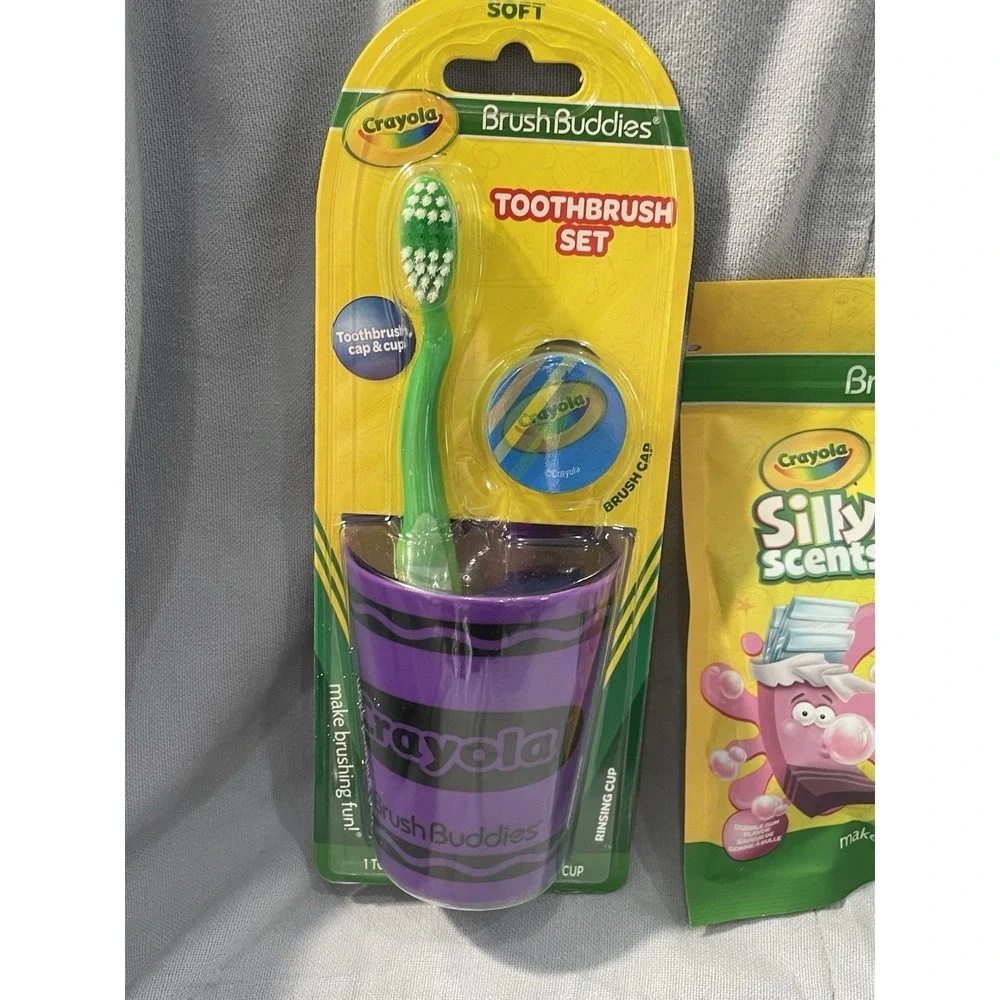 NEW Kid's Crayola Brush Buddies Toothbrush Purple Cup Flossers Tooth Paste & Cap